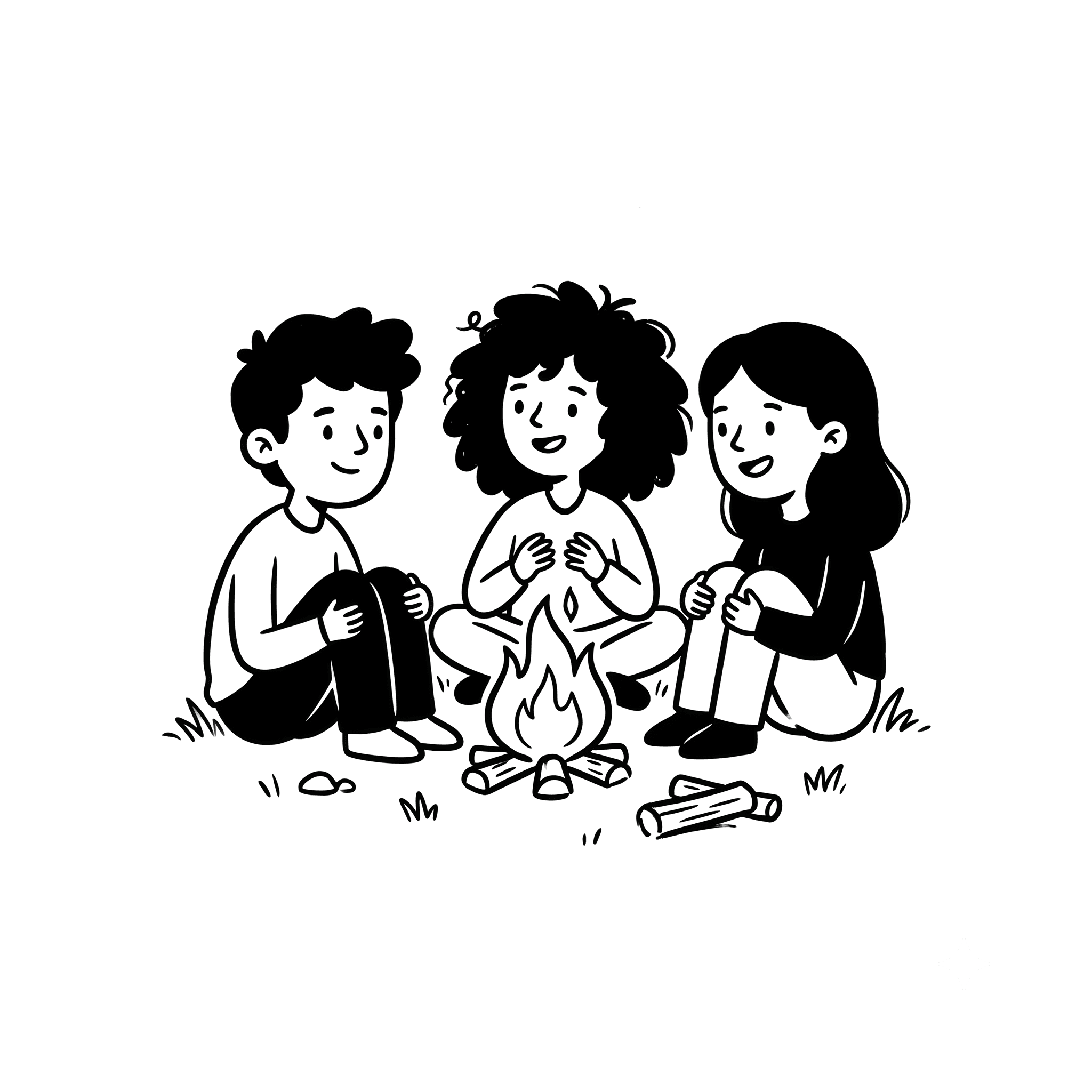 Three friends sitting together around a small campfire