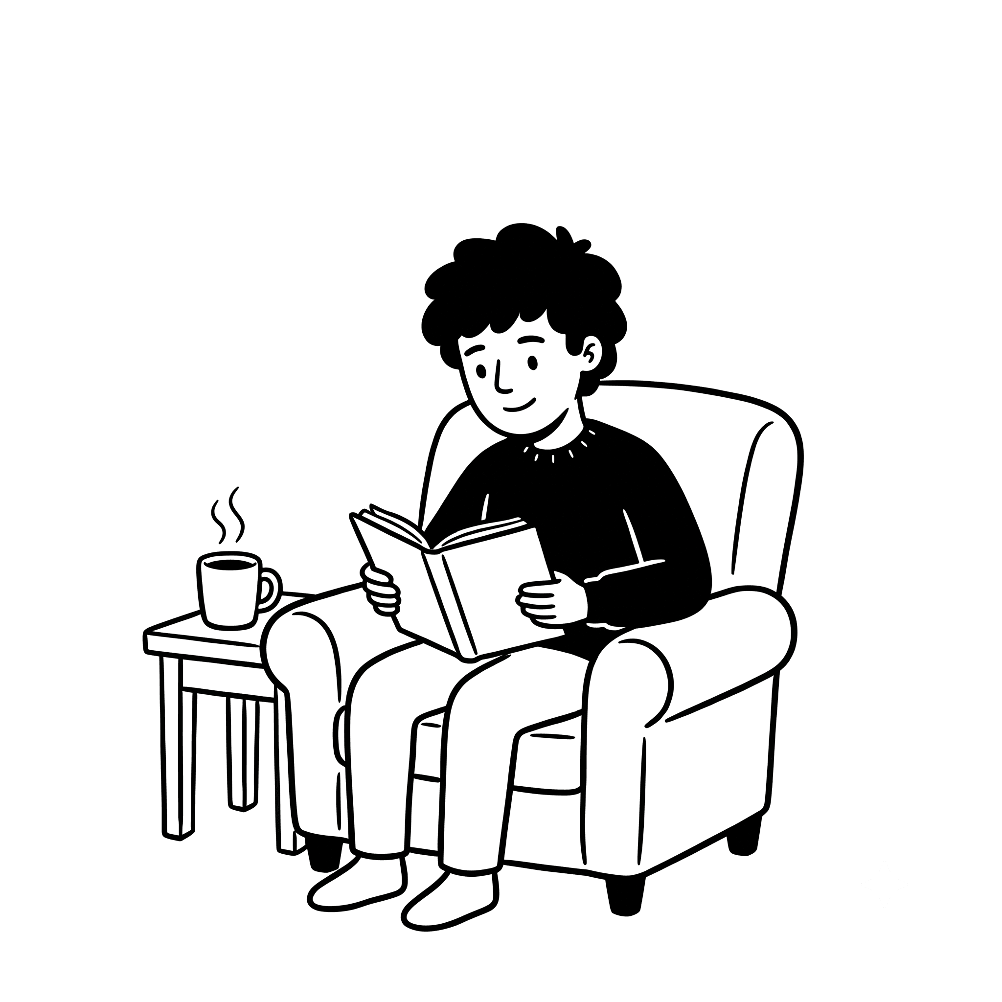 A Foragist reading field notes in an armchair with a warm drink