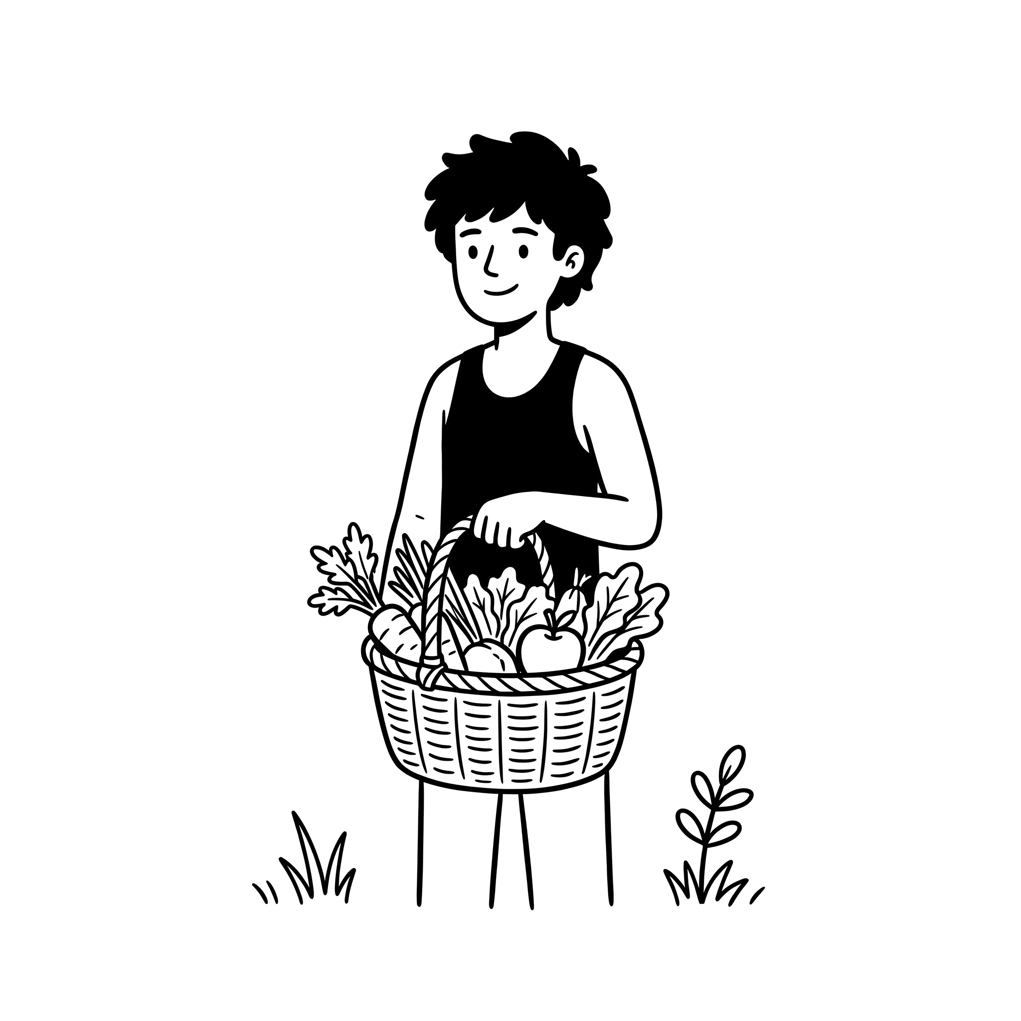 A Foragist outdoors holding a basket of fresh vegetables